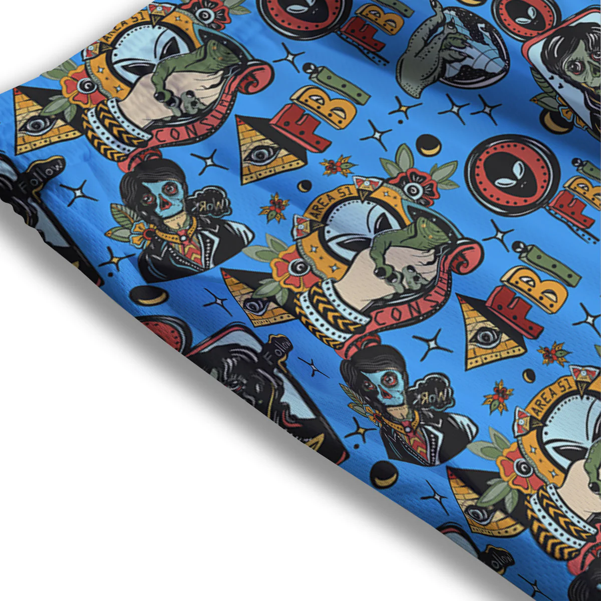 Space Alien Retro Tattoo Print Pattern Mesh Shorts - Image 3