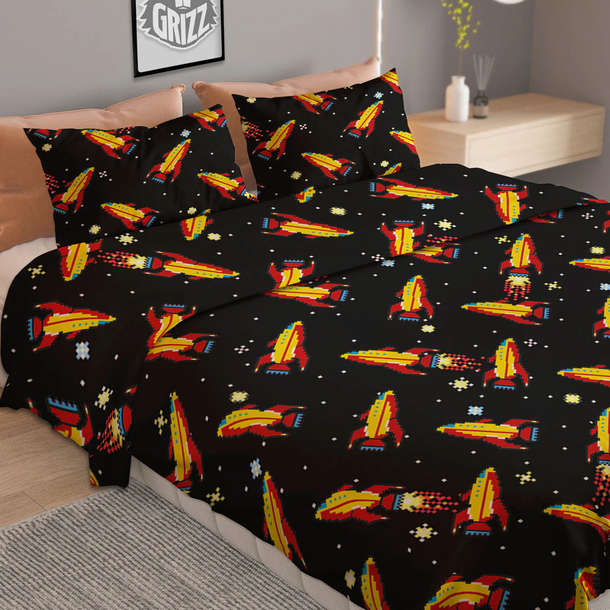 Spaceships Pixel Print Pattern Duvet Cover Bedding Set - Image 2