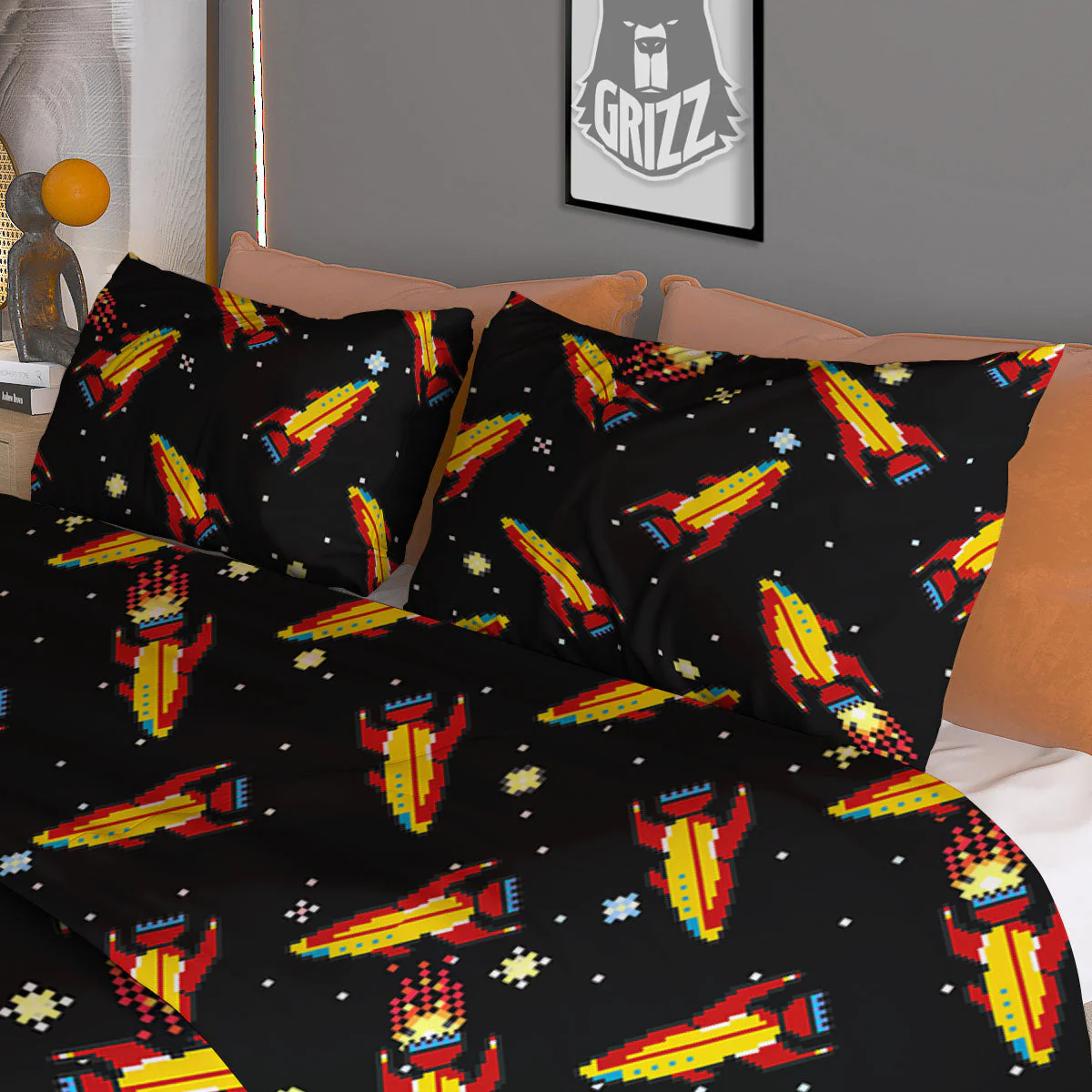 Spaceships Pixel Print Pattern Duvet Cover Bedding Set - Image 3