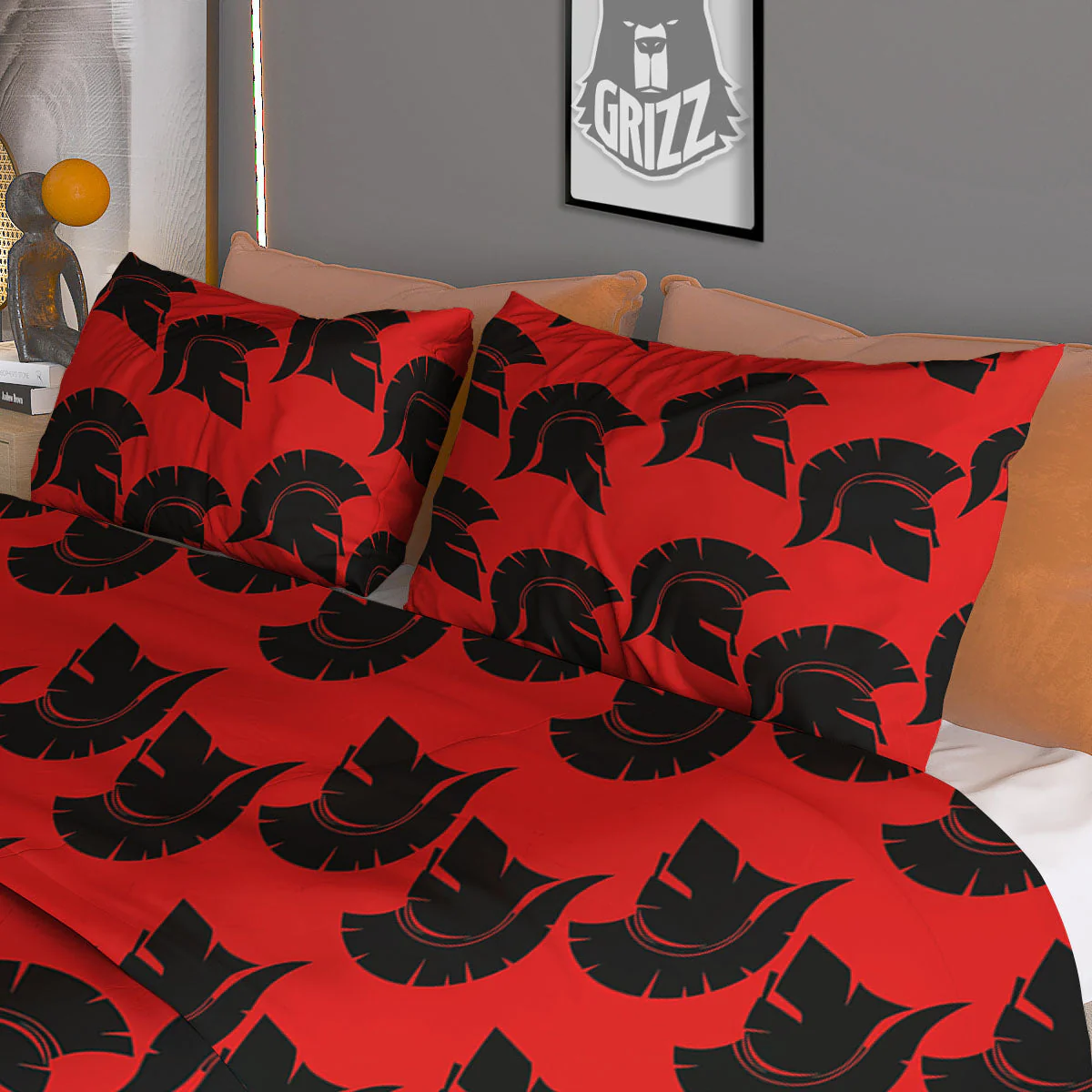 Spartan Red And Black Print Pattern Duvet Cover Bedding Set - Image 3