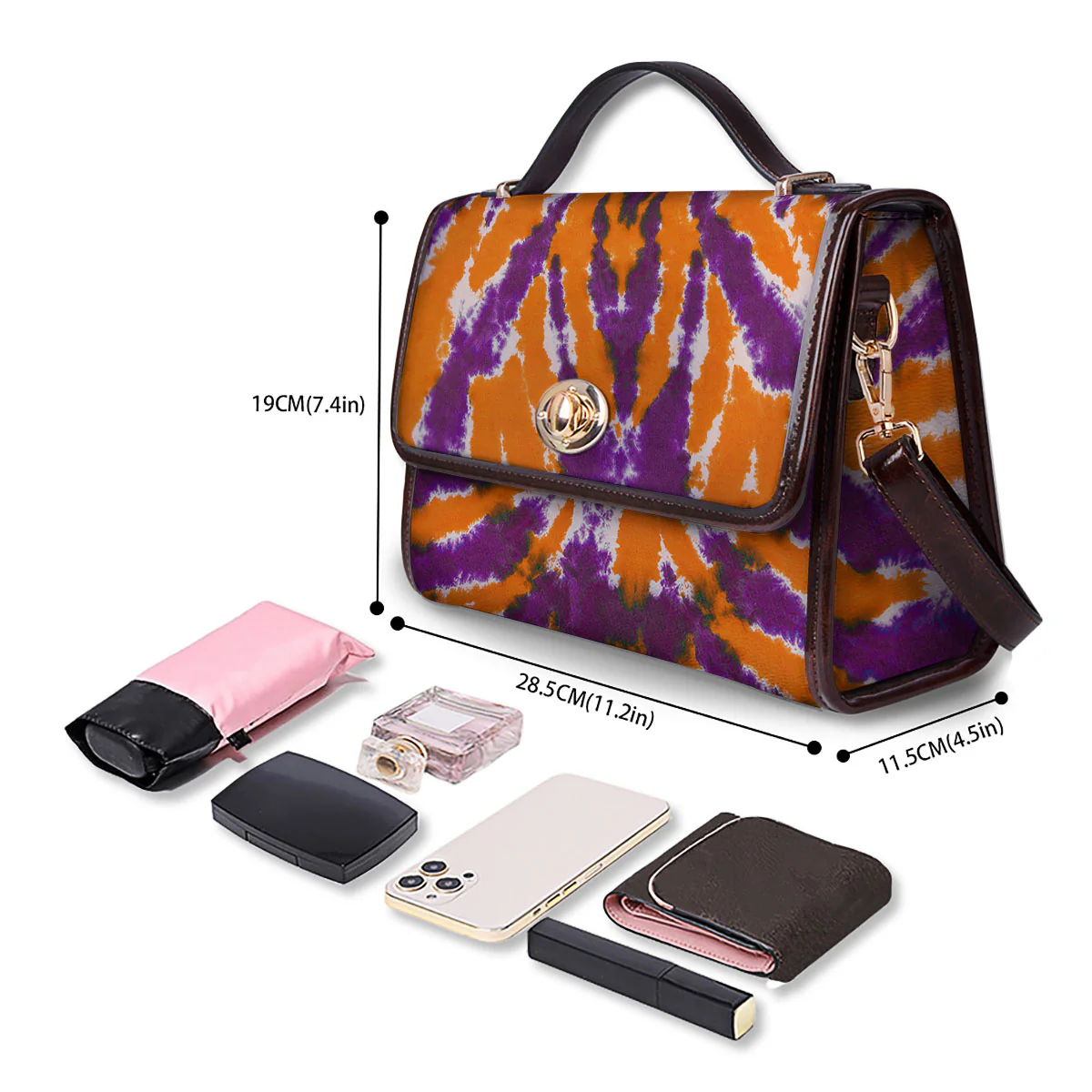 Spider Tie Dye Orange And Purple Print Women's Satchel Bag - Image 4