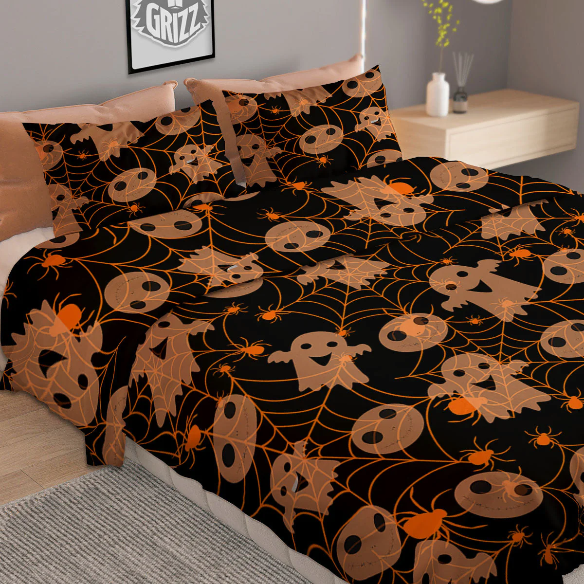Spider Web Halloween Print Pattern Duvet Cover Bedding Set - Image 2