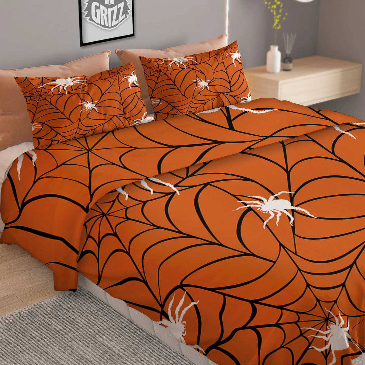 Spider Web Orange And Black Print Duvet Cover Bedding Set - Image 2