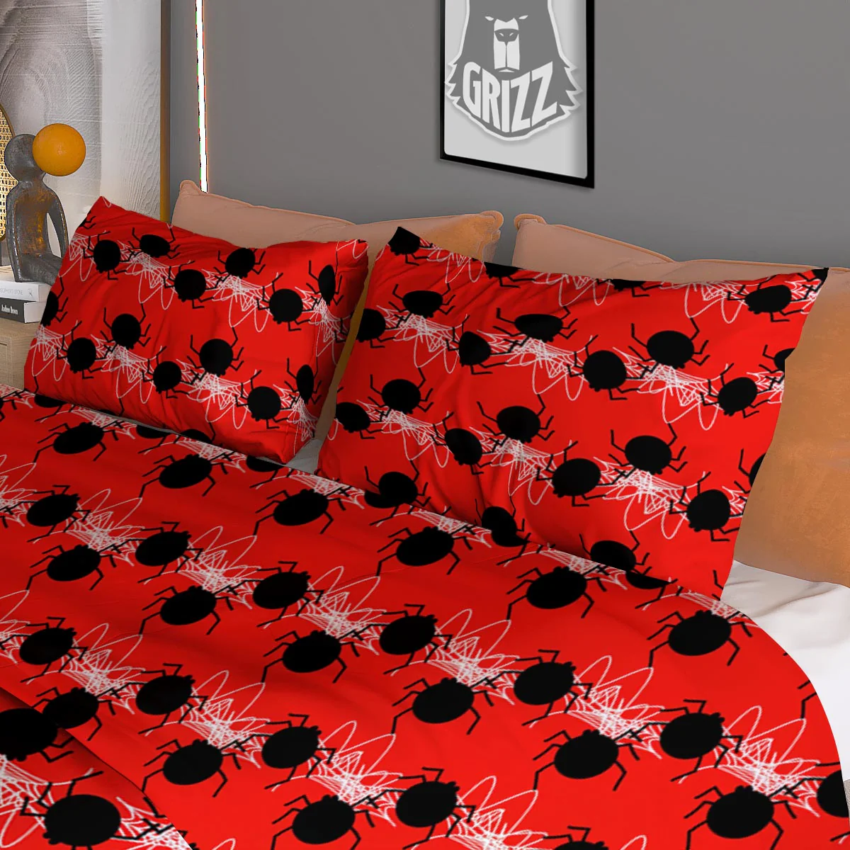 Spider Web White And Red Print Pattern Duvet Cover Bedding Set - Image 3