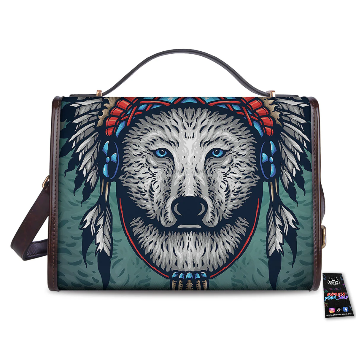 Spirit Animal Native American Wolf Print Women's Satchel Bag - Image 2