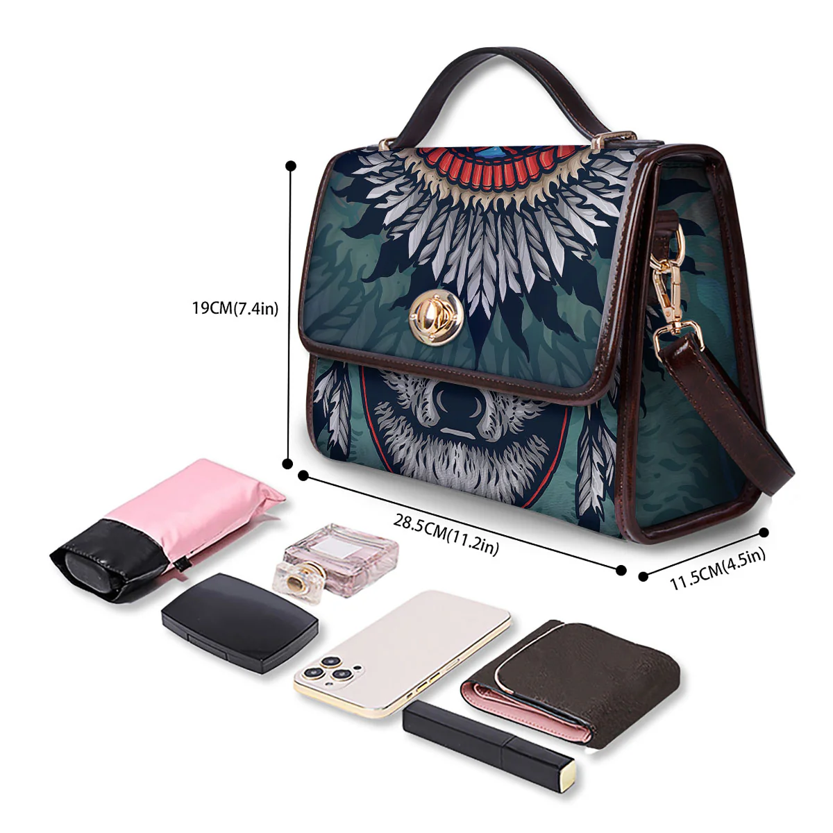 Spirit Animal Native American Wolf Print Women's Satchel Bag - Image 4