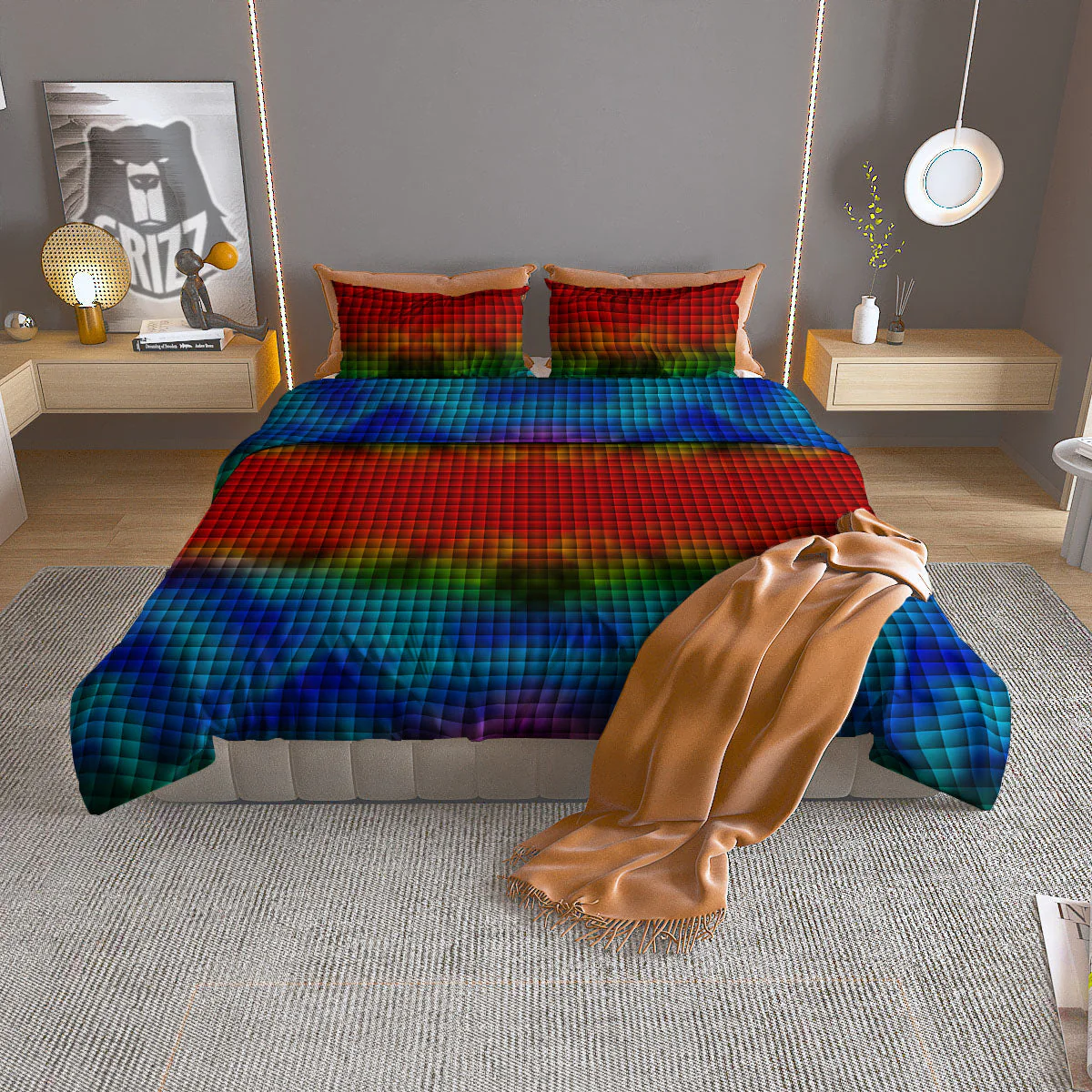 Squares Rainbow Print Pattern Duvet Cover Bedding Set