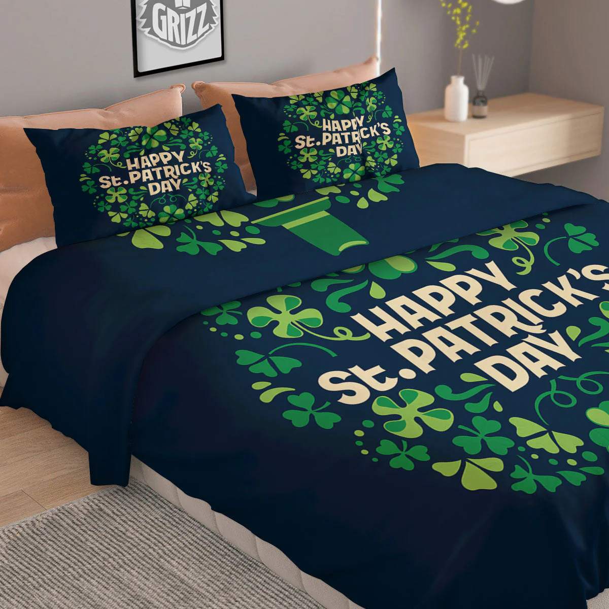 St. Patrick's Day Green Clover Print Duvet Cover Bedding Set - Image 2