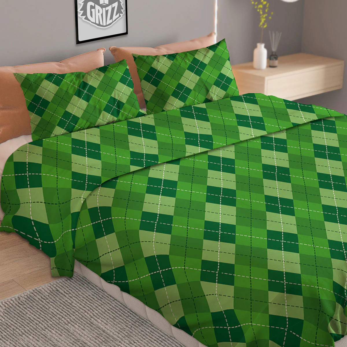 St. Patrick's Day Green Plaid Print Duvet Cover Bedding Set - Image 2