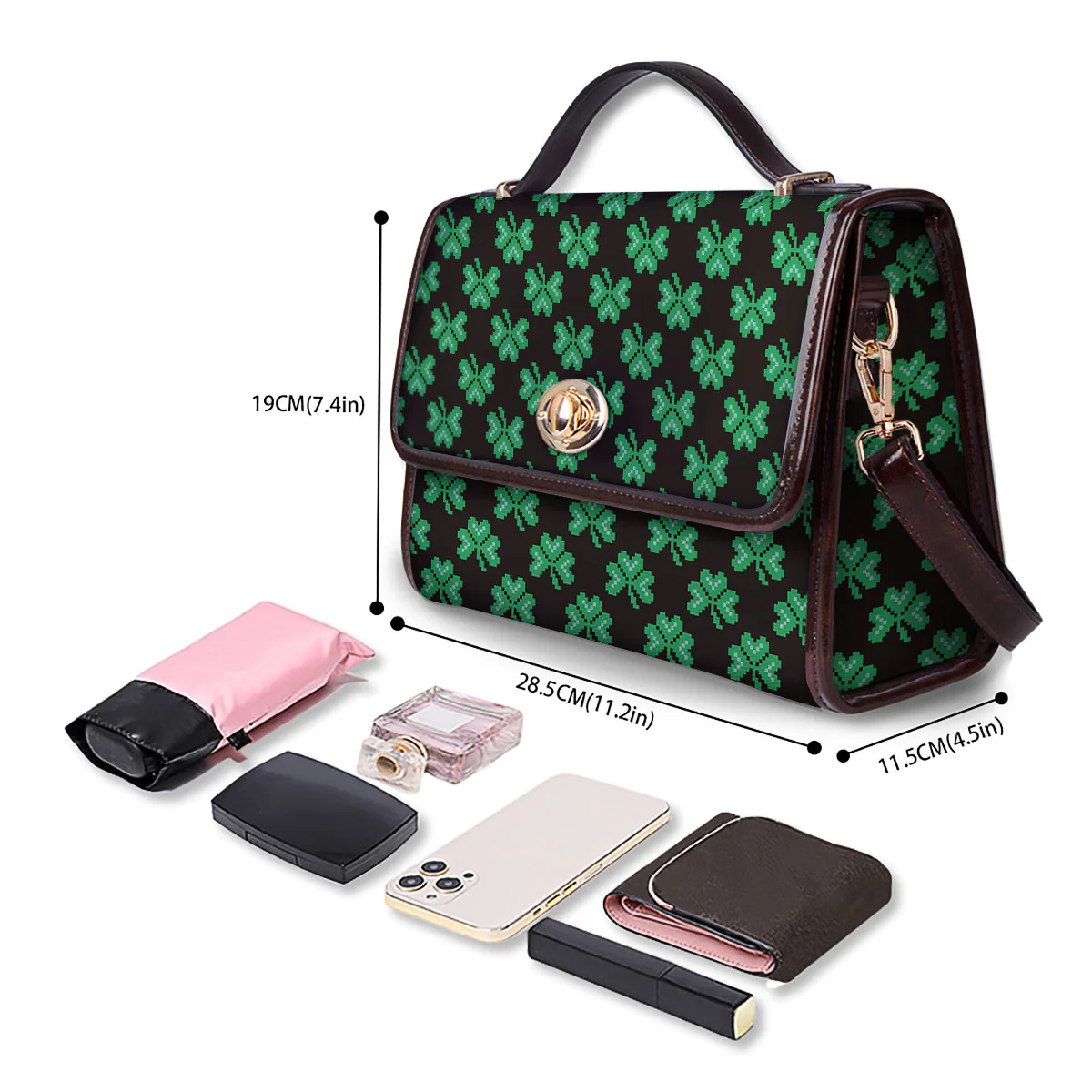 St. Patrick's Day Pixel Clover Print Pattern Women's Satchel Bag - Image 4