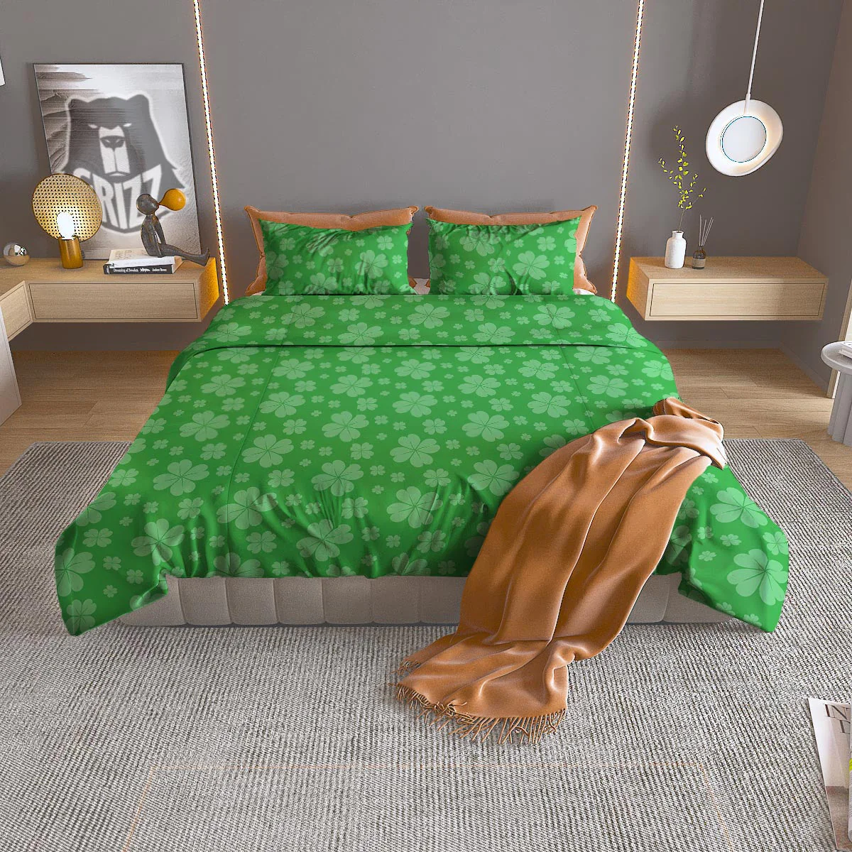 St. Patrick's Day Shamrock Leaf Print Pattern Duvet Cover Bedding Set