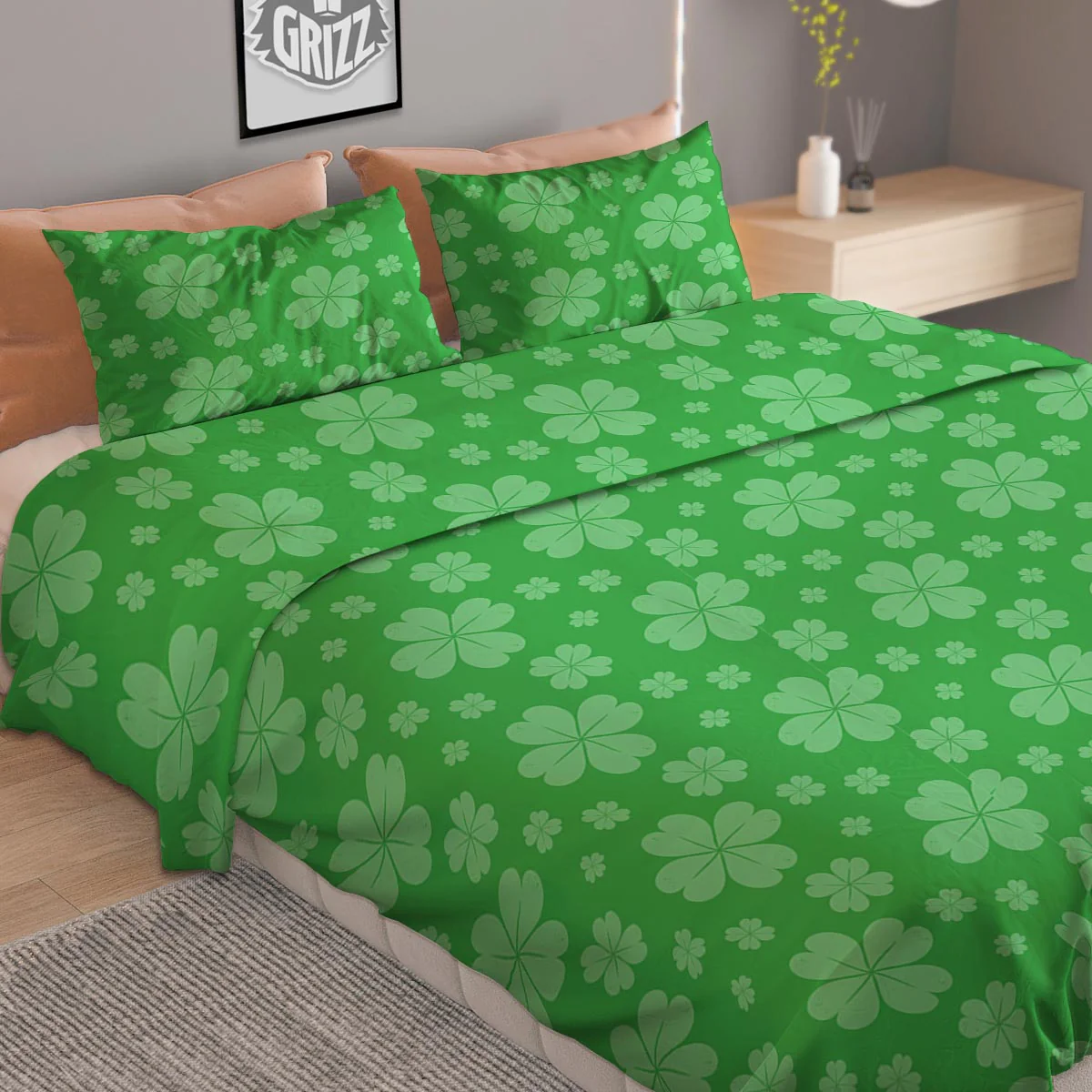 St. Patrick's Day Shamrock Leaf Print Pattern Duvet Cover Bedding Set - Image 2