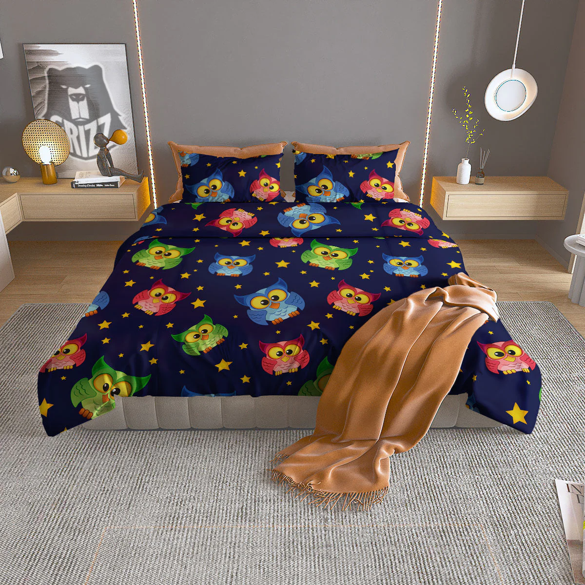 Star And Owl Print Pattern Duvet Cover Bedding Set