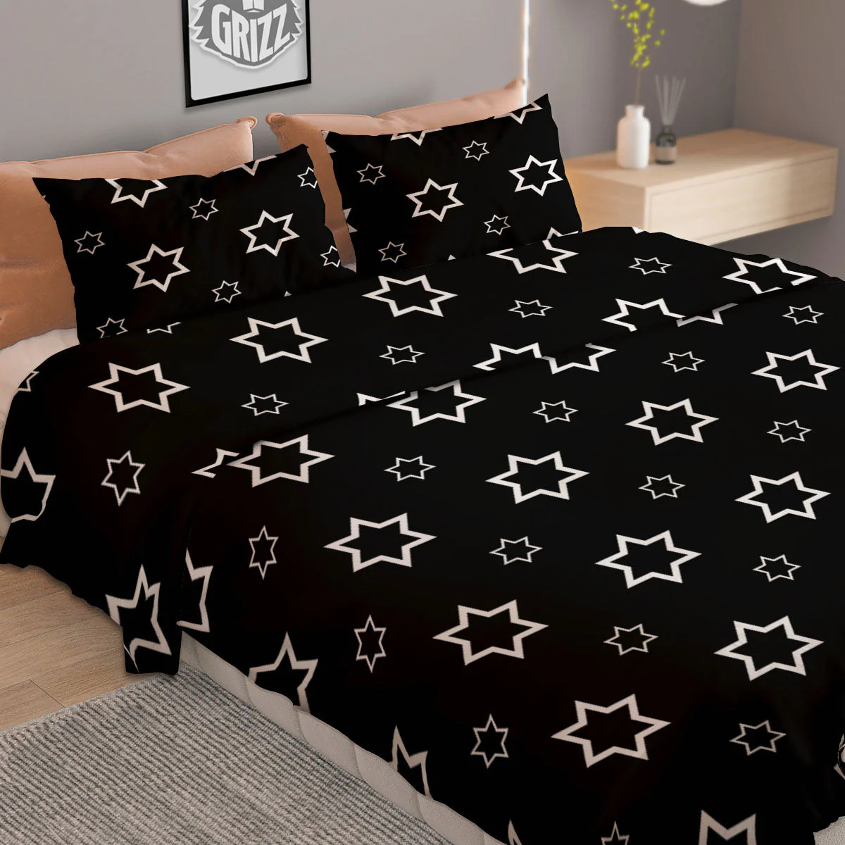 Star Black And White Print Pattern Duvet Cover Bedding Set - Image 2