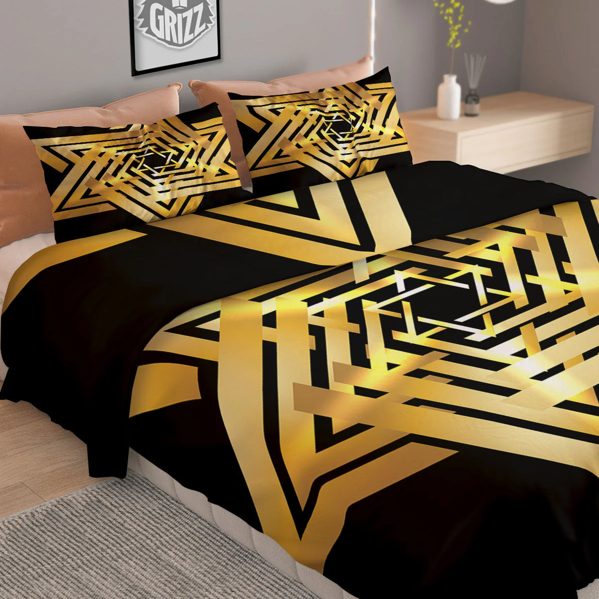 Star of David Gold And Black Print Duvet Cover Bedding Set - Image 2