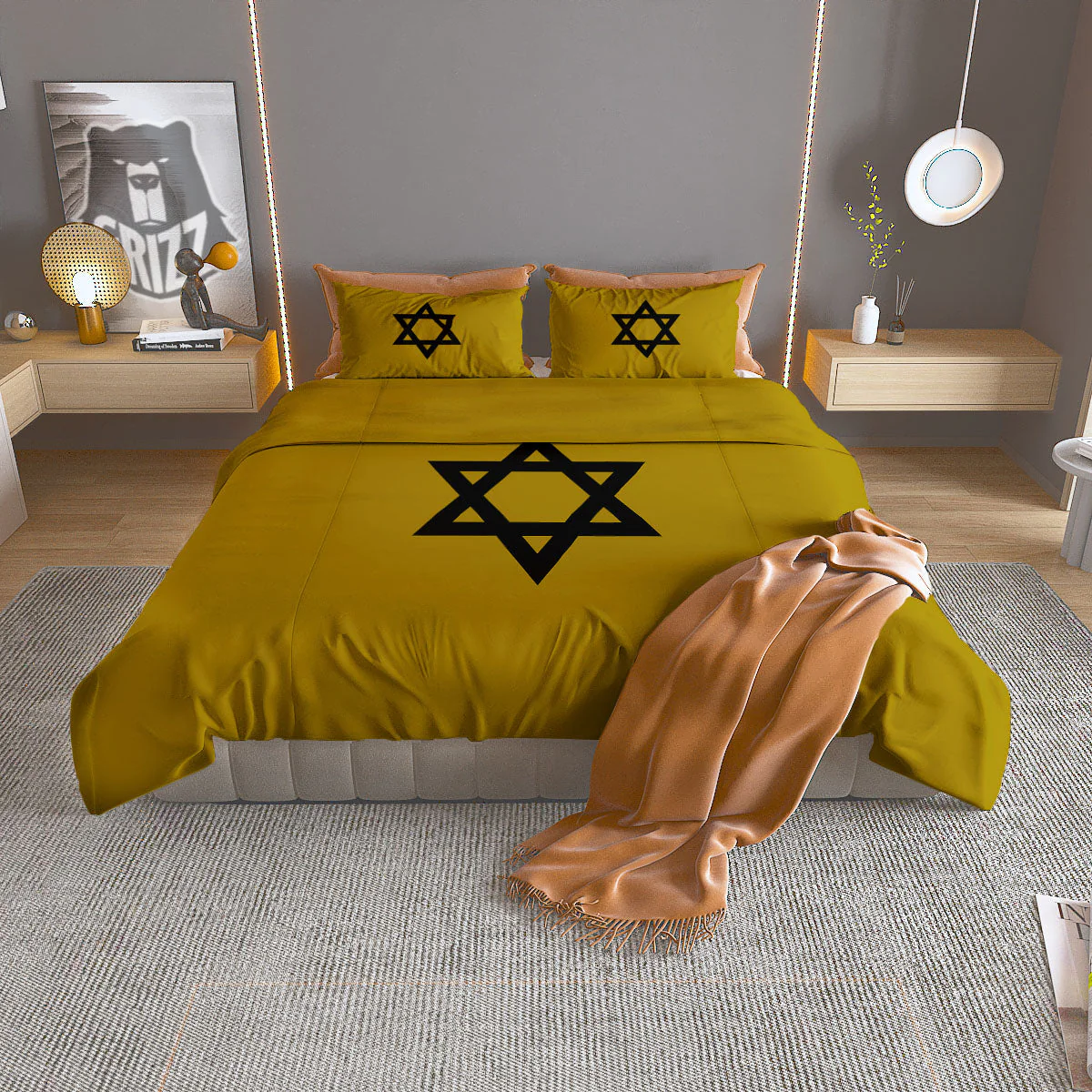 Star of David Yellow And Black Print Duvet Cover Bedding Set