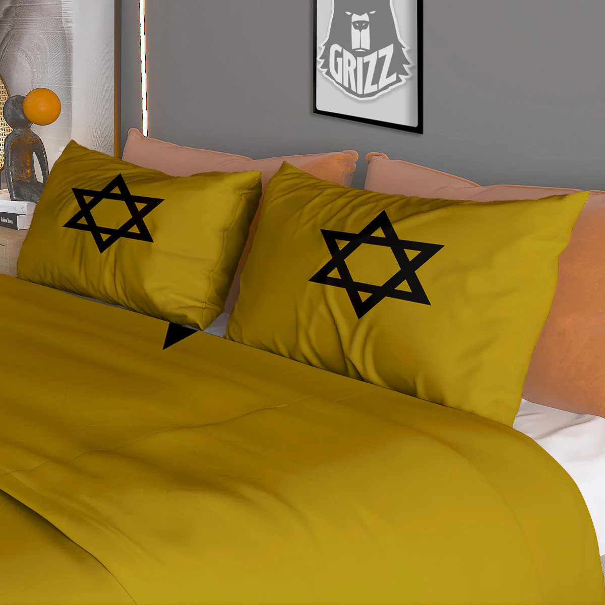 Star of David Yellow And Black Print Duvet Cover Bedding Set - Image 3
