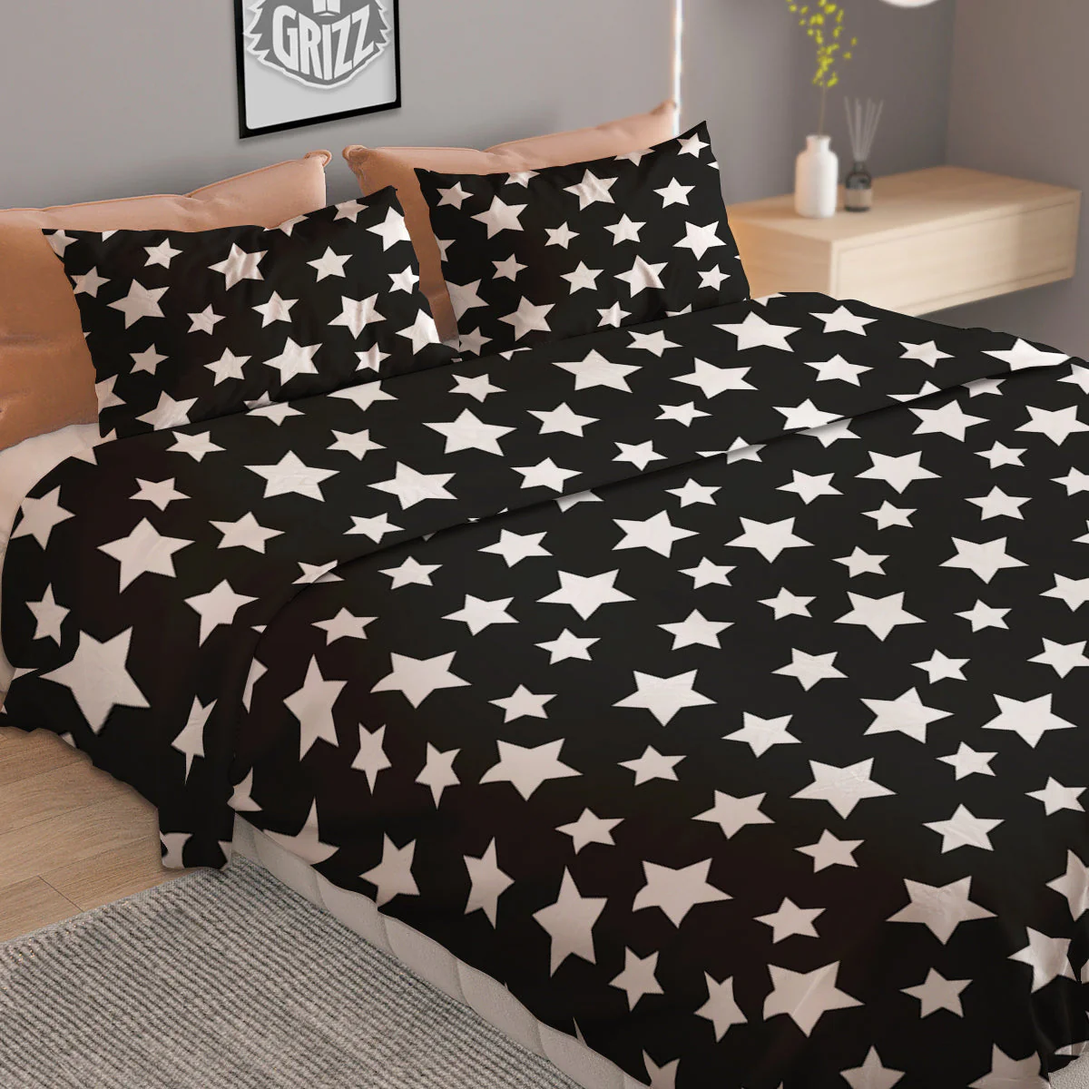 Star White And Black Print Pattern Duvet Cover Bedding Set - Image 2
