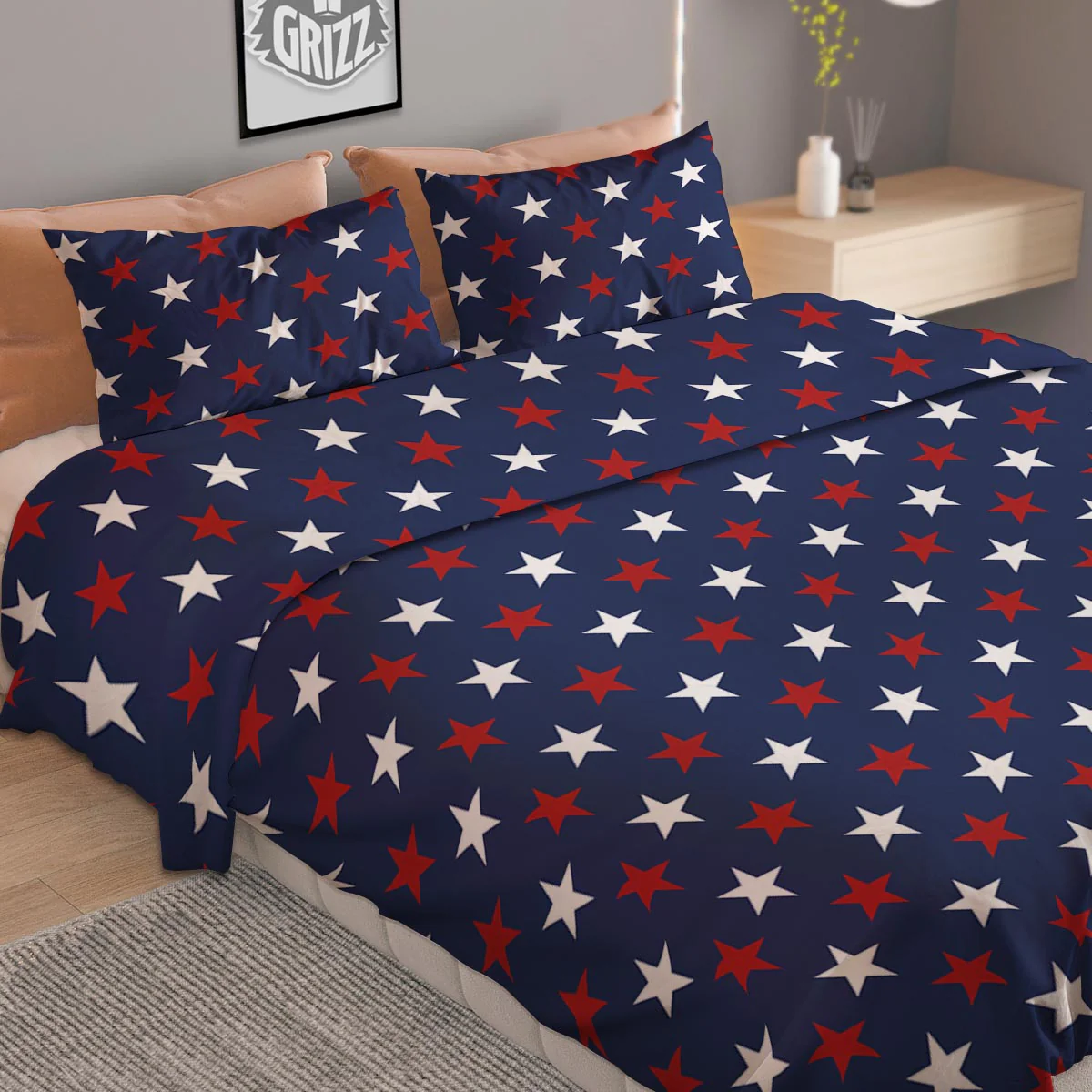 Star White And Red Print Pattern Duvet Cover Bedding Set - Image 2