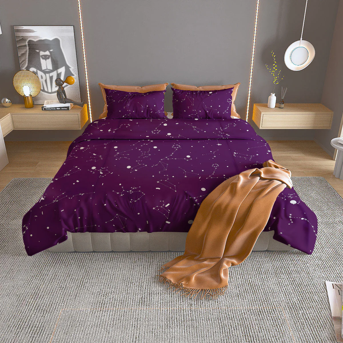 Stars Purple Zodiac Print Pattern Duvet Cover Bedding Set