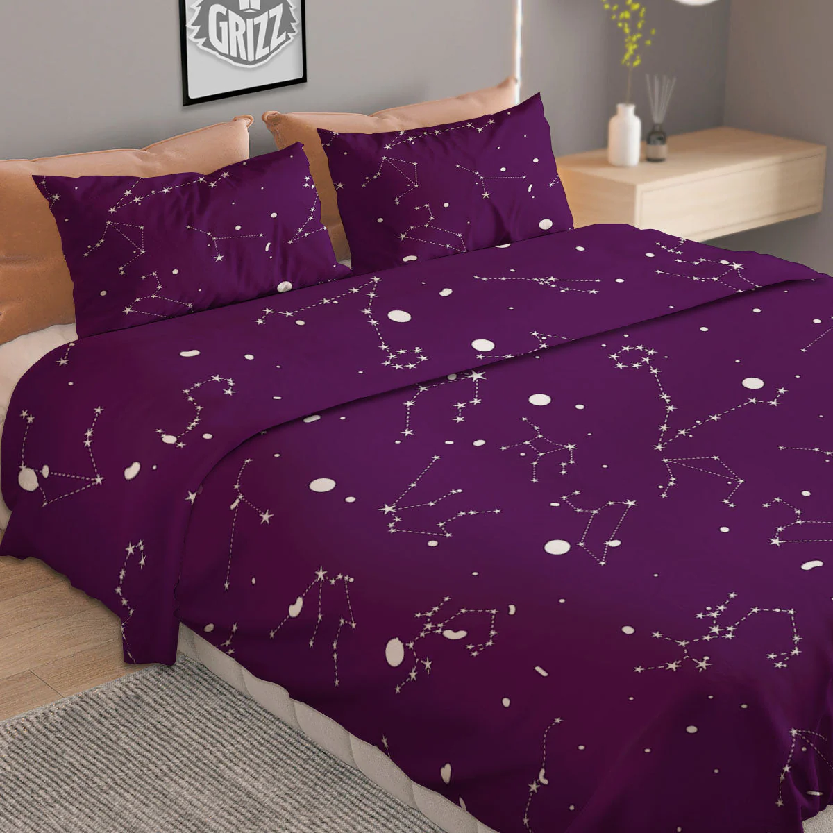 Stars Purple Zodiac Print Pattern Duvet Cover Bedding Set - Image 2