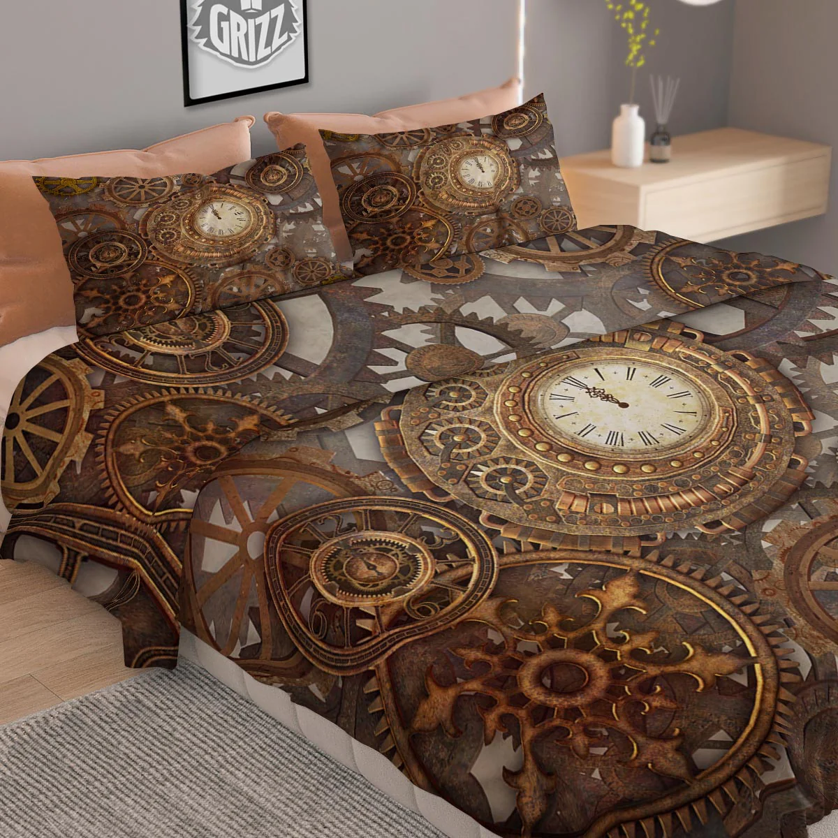 Steampunk Gears Clock Print Duvet Cover Bedding Set - Image 2