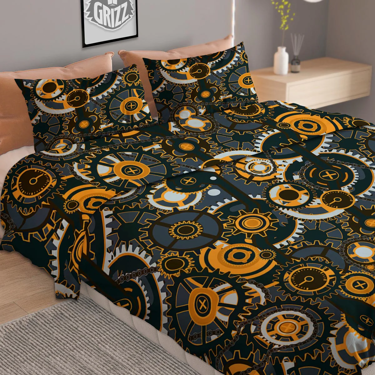 Steampunk Gears Print Pattern Duvet Cover Bedding Set - Image 2