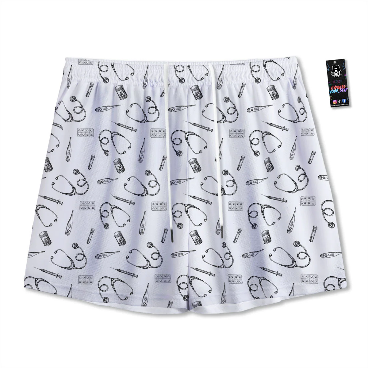 Stethoscope White And Black Print Pattern Mesh Shorts