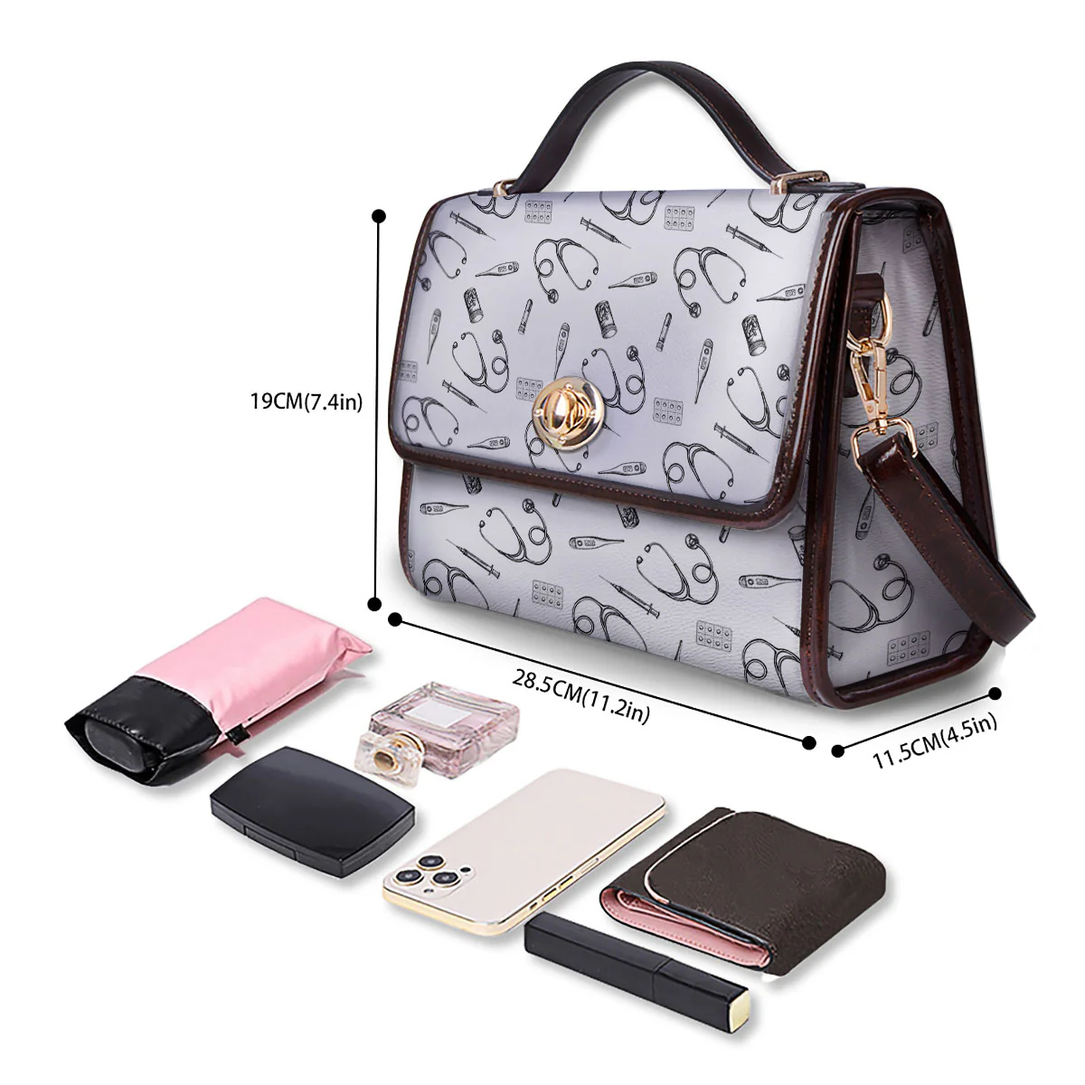 Stethoscope White And Black Print Pattern Women's Satchel Bag - Image 4