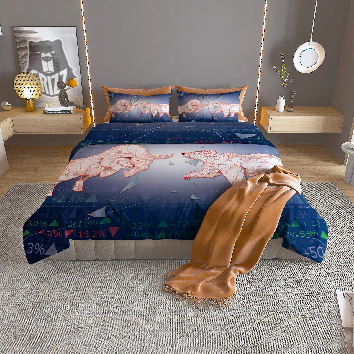 Stock Market Bear And Bull Print Duvet Cover Bedding Set
