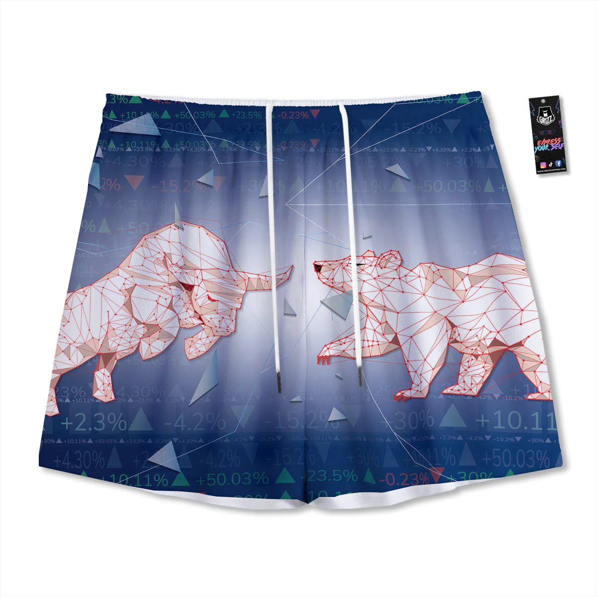 Stock Market Bear And Bull Print Mesh Shorts