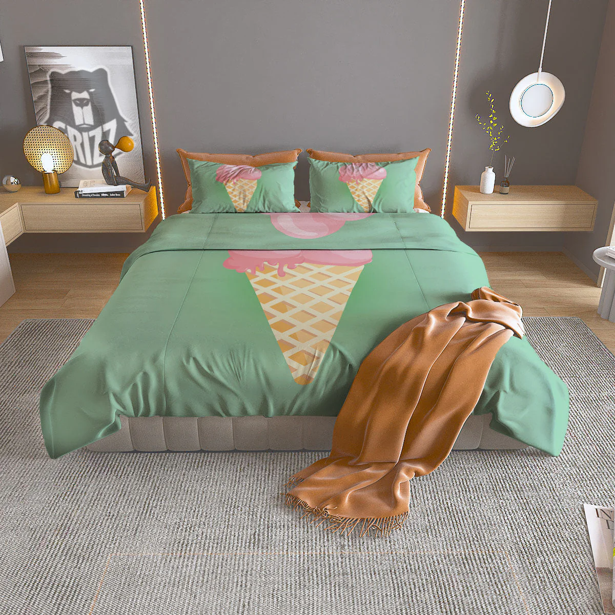 Strawberry Ice Cream Teal Print Duvet Cover Bedding Set