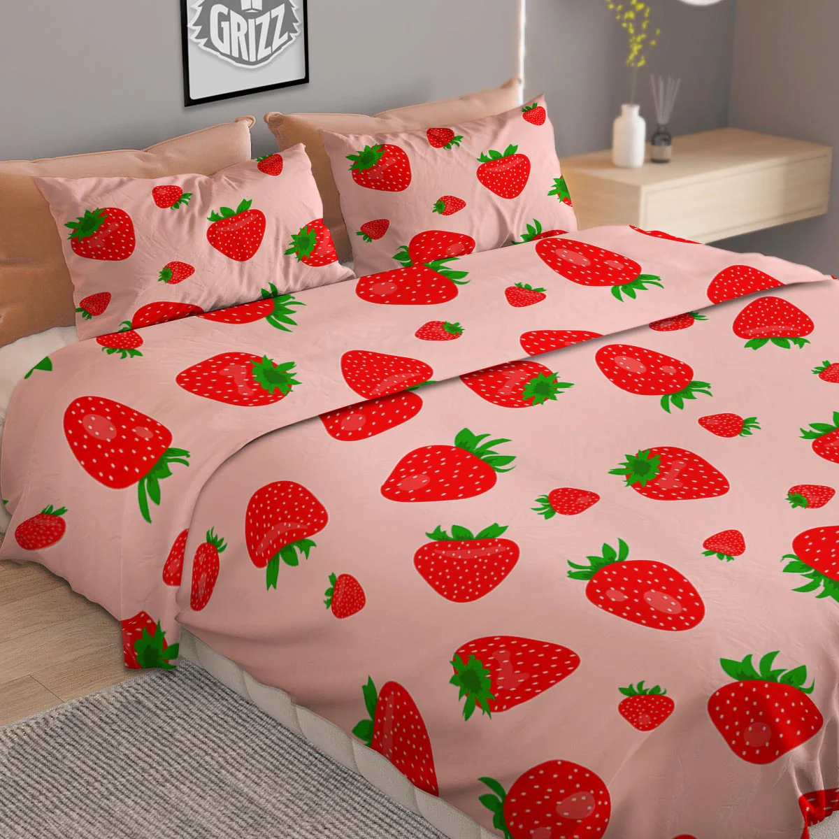 Strawberry Red Print Pattern Duvet Cover Bedding Set - Image 2