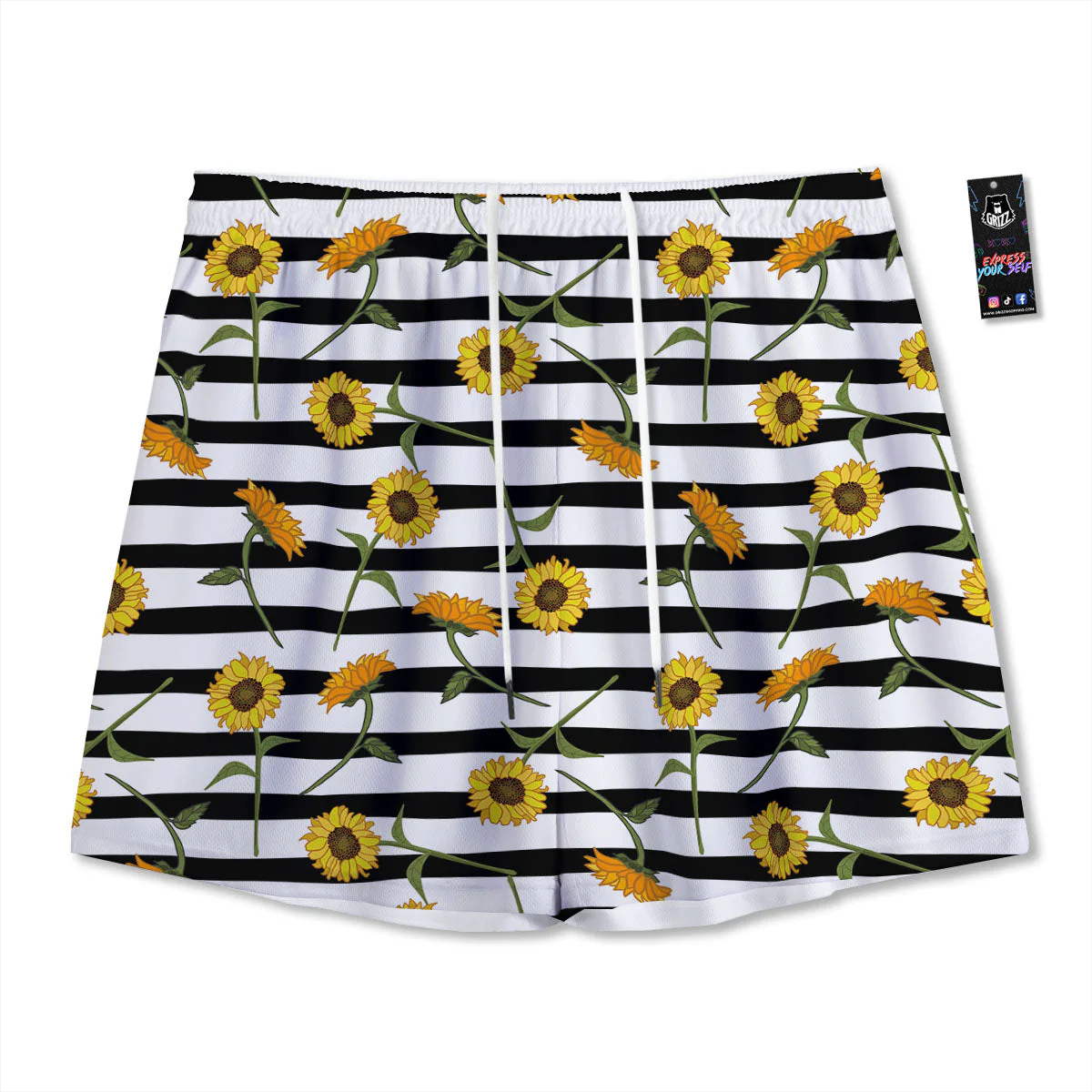 Stripe Sunflower White And Black Print Pattern Mesh Shorts