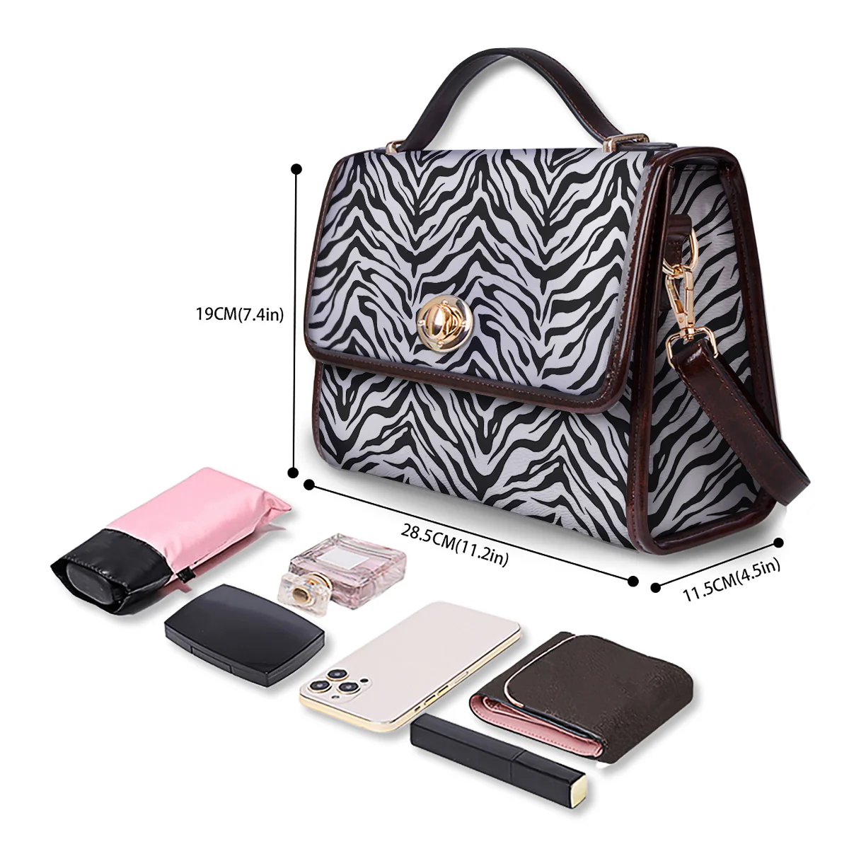 Stripe White Tiger Print Pattern Women's Satchel Bag - Image 4