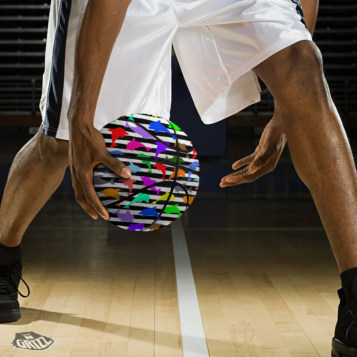 Striped And Colorful Dolphin Print Pattern Basketball - Image 3