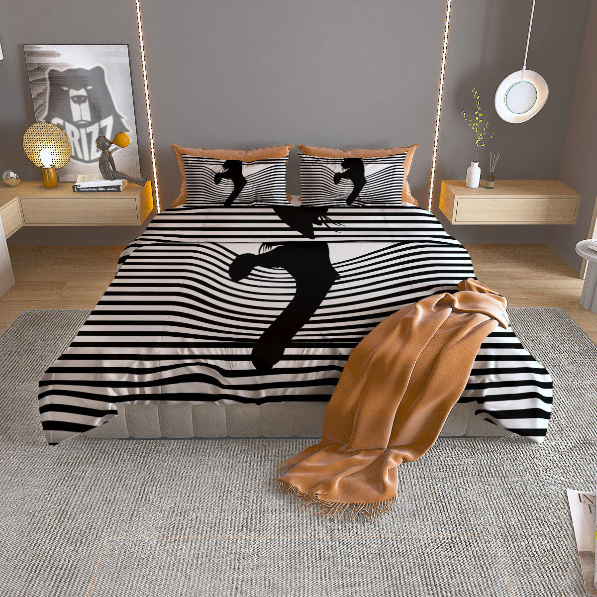 Striped Black Cat Print Duvet Cover Bedding Set