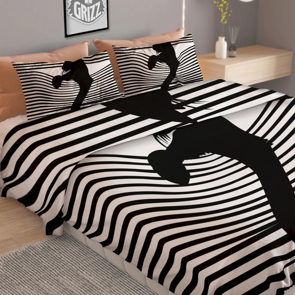 Striped Black Cat Print Duvet Cover Bedding Set - Image 2