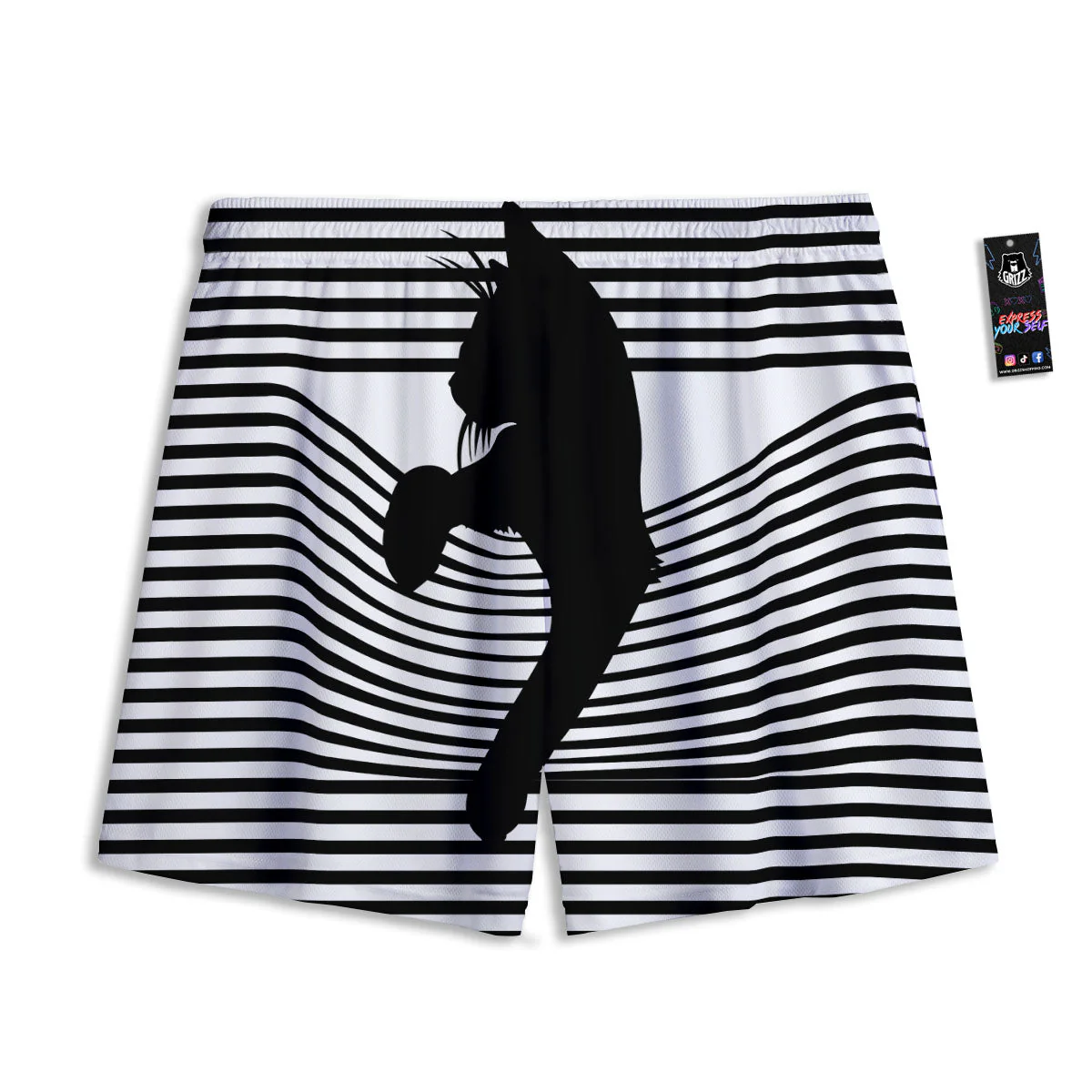 Striped Black Cat Print Mesh Shorts - Image 2