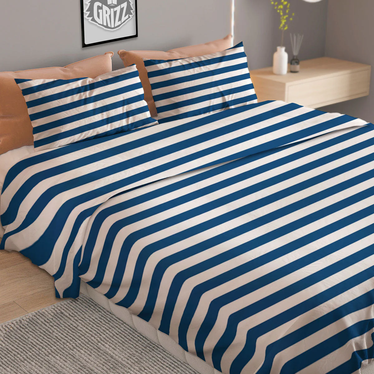 Striped Blue Print Pattern Duvet Cover Bedding Set - Image 2