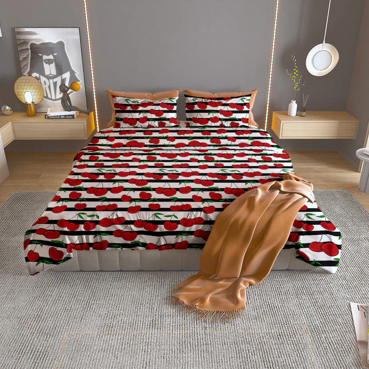 Striped Cherry Print Pattern Duvet Cover Bedding Set