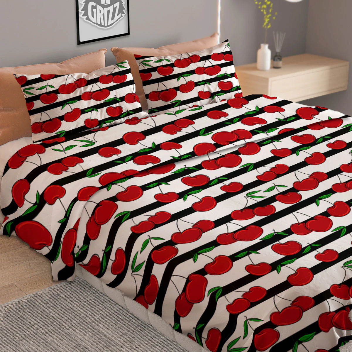 Striped Cherry Print Pattern Duvet Cover Bedding Set - Image 2