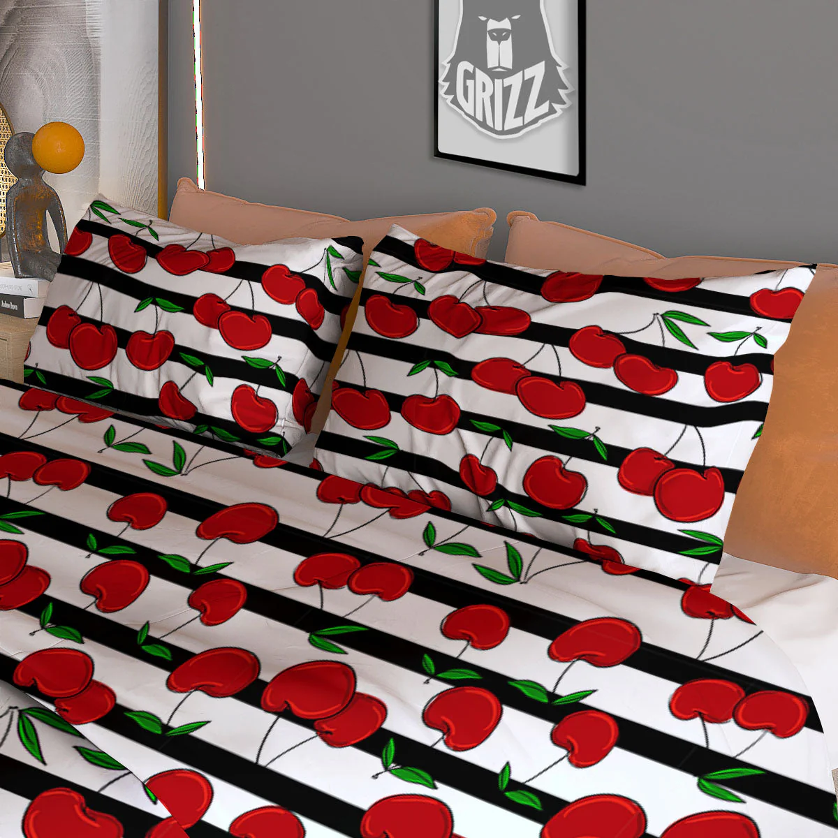 Striped Cherry Print Pattern Duvet Cover Bedding Set - Image 3