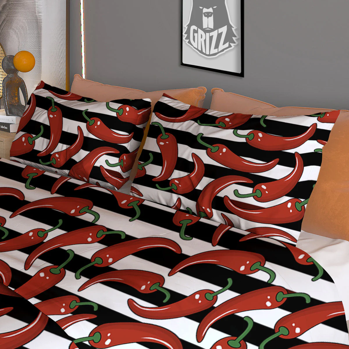 Striped Chili White And Black Print Duvet Cover Bedding Set - Image 3