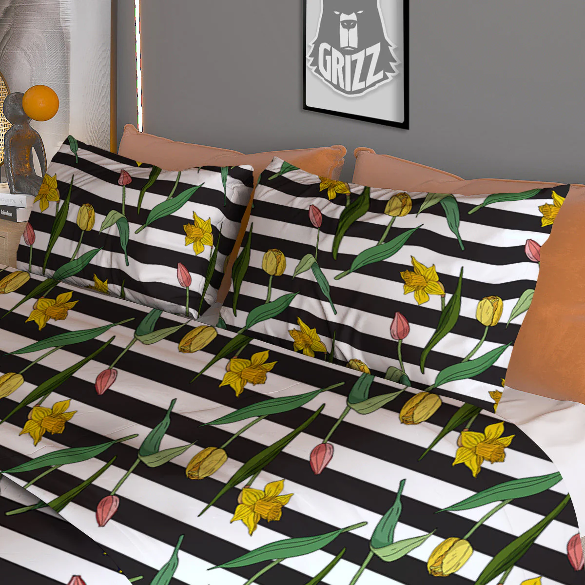 Striped Daffodil Yellow Print Pattern Duvet Cover Bedding Set - Image 3