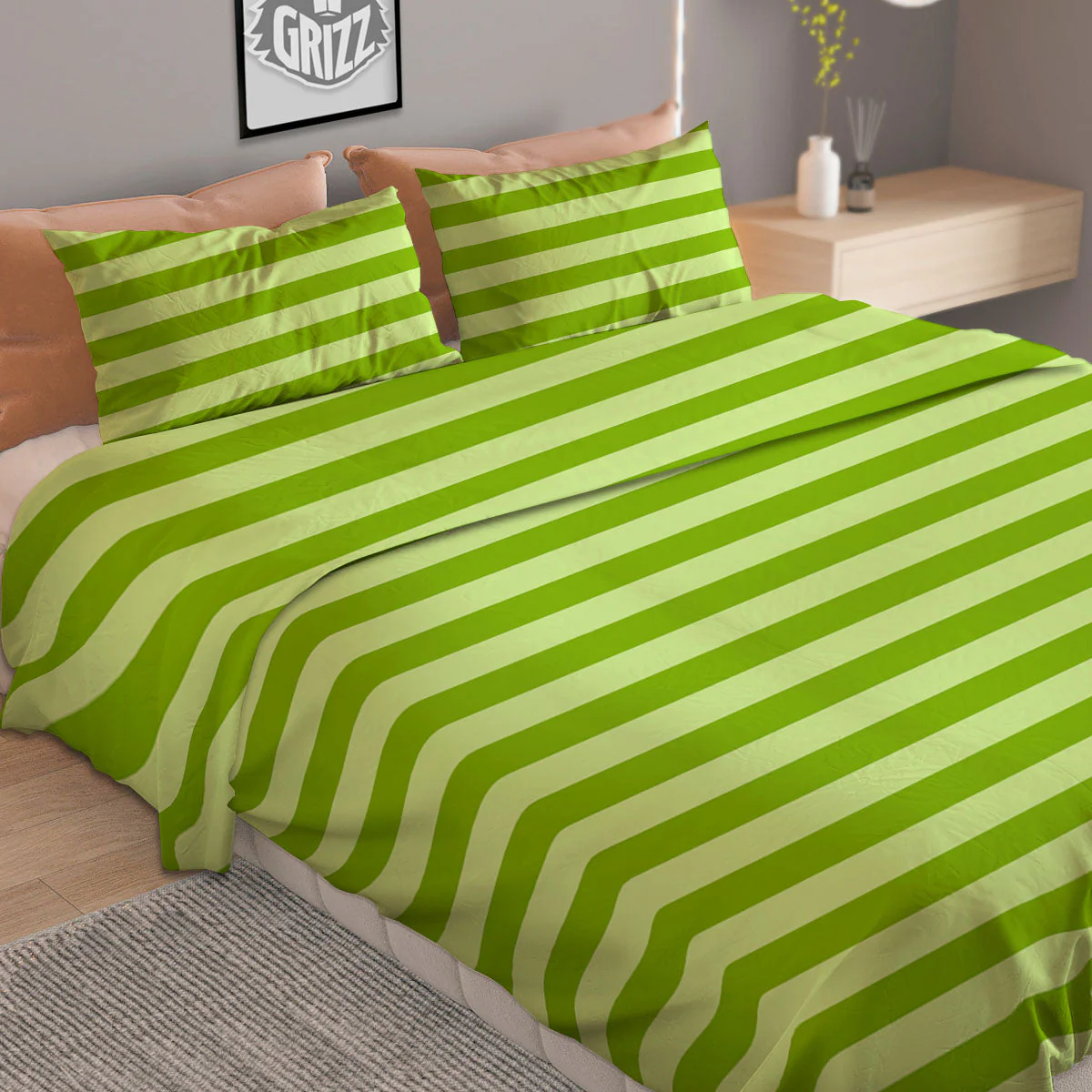 Striped Green Print Pattern Duvet Cover Bedding Set - Image 2