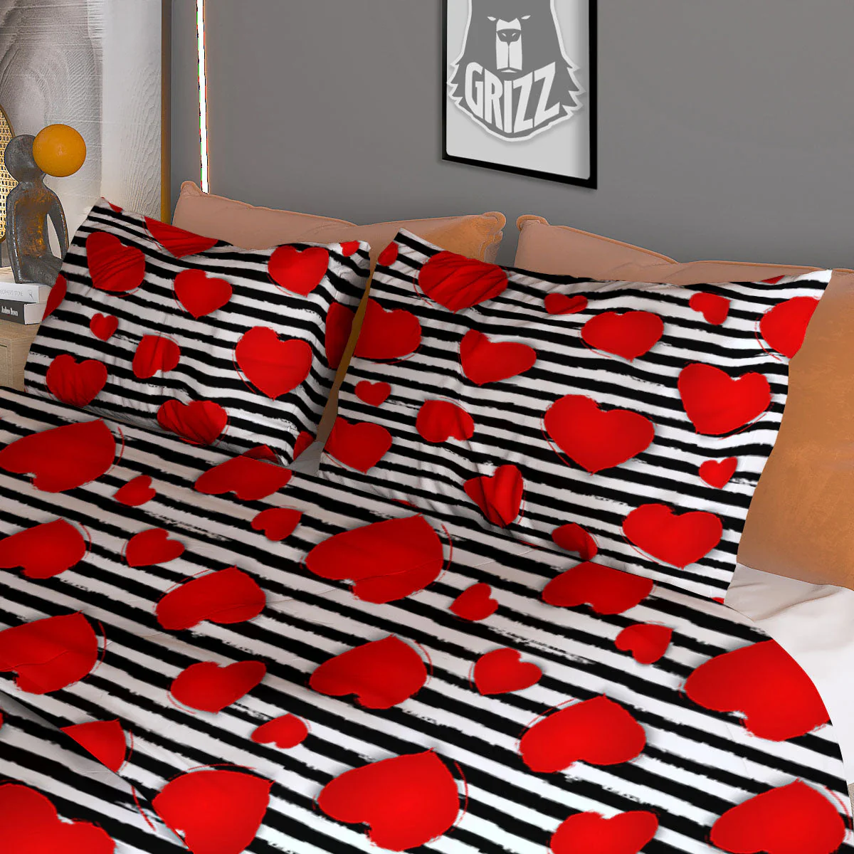Striped Heart White And Black Print Duvet Cover Bedding Set - Image 3