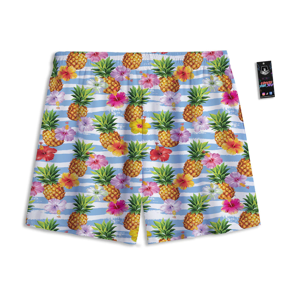 Striped Hibiscus And Pineapple Print Mesh Shorts - Image 2