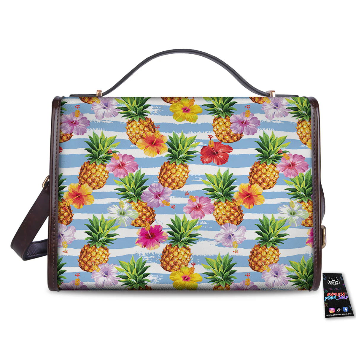 Striped Hibiscus And Pineapple Print Women's Satchel Bag - Image 2
