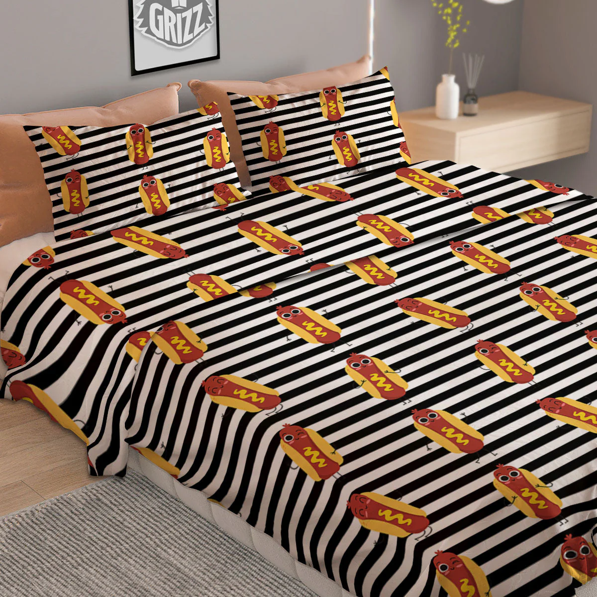Striped Hot Dog Print Pattern Duvet Cover Bedding Set - Image 2